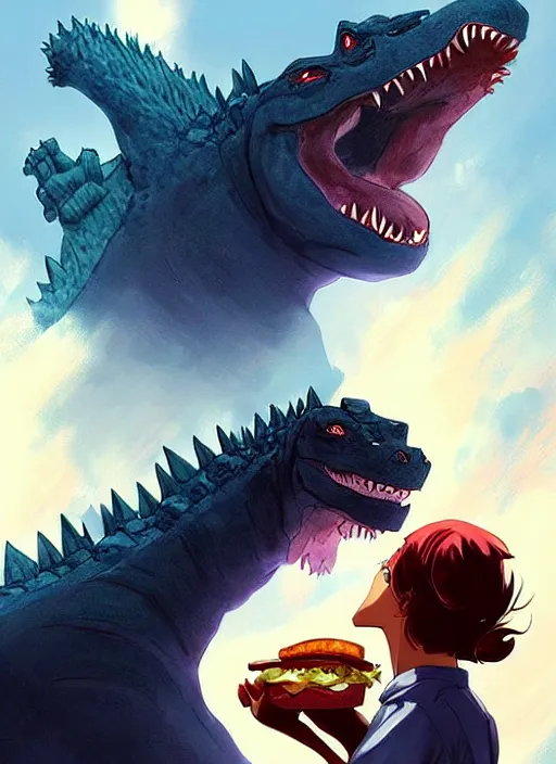 Image similar to beautiful portrait of Godzilla eating a ham sandwhich. character design by charlie bowater, ross tran, artgerm, and makoto shinkai, detailed, inked, western comic book art