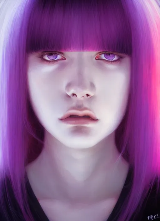 Image similar to hair whitebangs hair, black hair, whitebangs, portrait of teenage girl with white bangs, red irises, purple clothes, white bangs, bangs are different color from hair, intricate, elegant, glowing lights, highly detailed, digital painting, artstation, concept art, smooth, sharp focus, illustration, art by wlop, mars ravelo and greg rutkowski