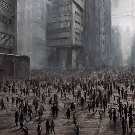 Image similar to hordes of drone-like people aimlessly walking around a depressing dystopian cityscape , trending on artststion, hyper realistic, surreal, melancholic, 8k, upscaled