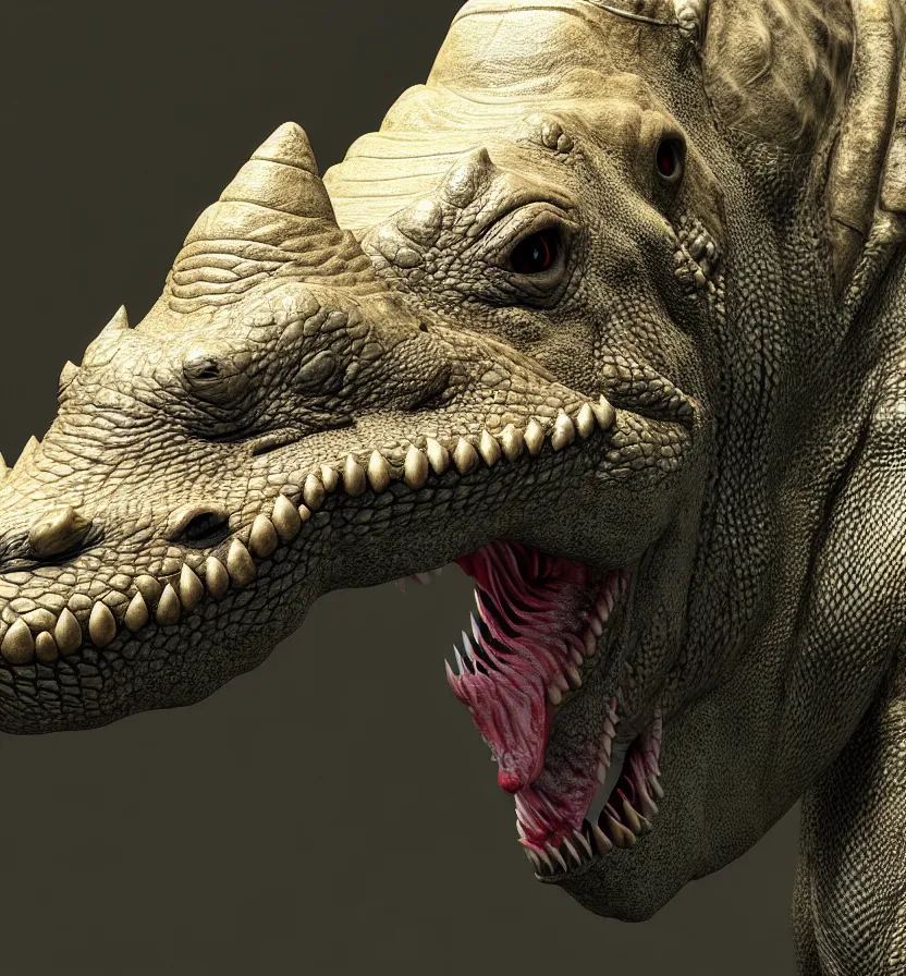 Image similar to antasy creature setting all : crocodile head : : 0. 5 the head has a symmetrical horn and tumor, and there is a rhino horn at the front of the beak, and the mouth is open to reveal a mouth full of fangs with huge wings, full body rich detail realistic photoreal photorealistic octane render 8 k