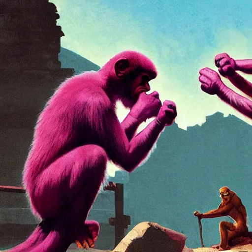 Image similar to monk fight monkey with pink gloves, retro 5 0 s style, art by by greg rutkowski and siudmak and richard corben and moebius