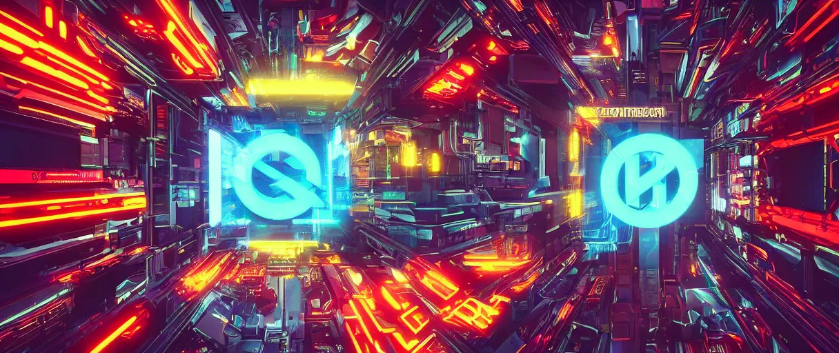 Image similar to cyberpunk holographic logo, futuristic, in the style of Pixar animation, low angle view, 16mm lens, award winning, hyper detailed, dramatic lighting, artstation, octane renderer, unreal engine