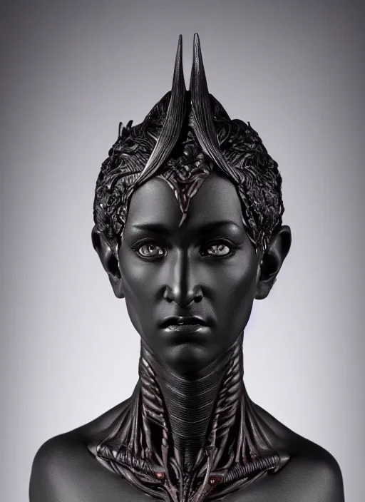 Image similar to a bust sculpture of anatomical detailed fantasy elvish character, very dark black skin, very beautiful, high forehead, high cheekbones, stylized, ceramic base, orthographic, studio lighting
