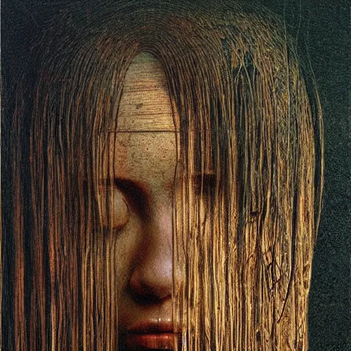 Prompt: portrait of 100000 years old girl, painting by Beksinski