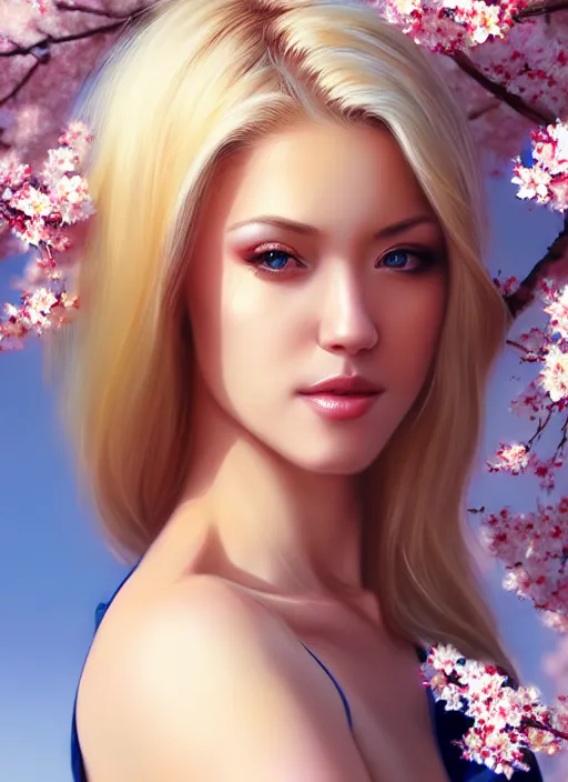 Prompt: photo of a gorgeous blonde female in the style of stefan kostic, realistic, half body shot, sharp focus, 8 k high definition, insanely detailed, intricate, elegant, art by stanley lau and artgerm, extreme blur cherry blossoms background