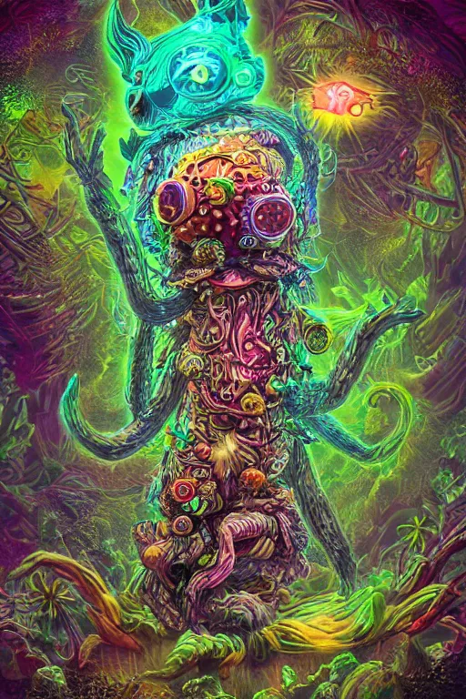 Image similar to creature sushi roots cactus elemental flush of force nature micro world fluo light deepdream a wild amazing steampunk baroque ancient alien creature, intricate detail, colorful digital painting radiating a glowing aura global illumination ray tracing