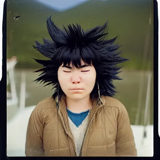 Prompt: black - haired girl with wild spiky black saiyan hair with long bangs over her eyes, hair covering eyes, wearing casual clothing, standing on an alaskan fishing vessel, mekoryuk, alaska, 1 9 6 5, polaroid, kodachrome, grainy photograph