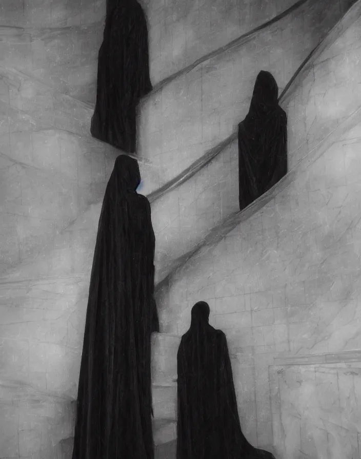 Image similar to a figure shrouded in a long trailing pitch black gown, descending a giant marble staircase in a dark room, photorealism, hyperrealism, harsh lighting, dramatic lighting, medium shot, serious, gloomy, foreboding, cinematic