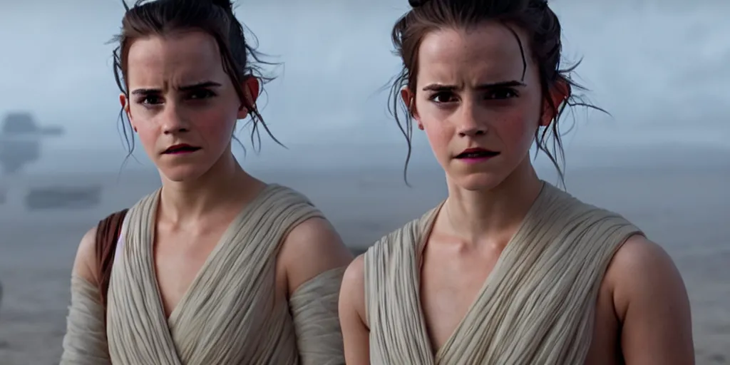 Image similar to emma watson as rey in the new star wars movie, cinematic, detailed, ultrawide