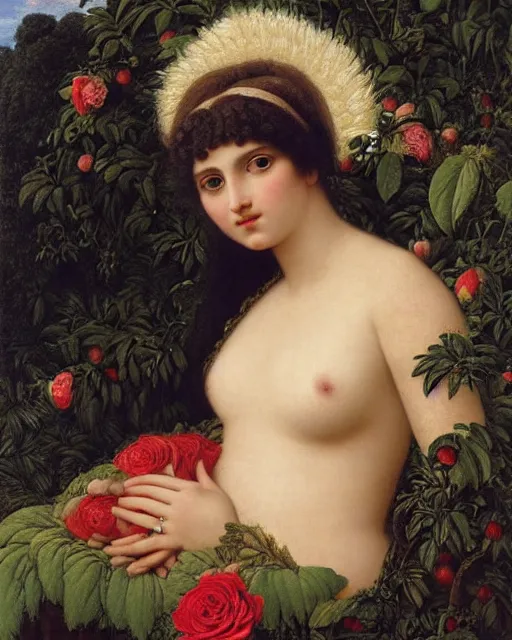 Image similar to beautiful portrait of a goddess hugging a swan, beautiful eyes, pomegranates and roses, close-up portraiture, golden ratio, painted by John William Godward and Jean Auguste Dominique Ingres and Anna Dittman,