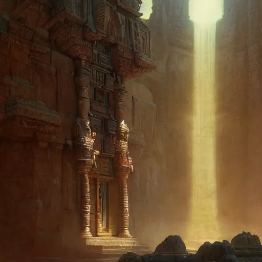 Prompt: detailed concept art of an ancient temple with sunlight filtering in, artstation, award - winning realistic concept art by jim burns and greg rutkowski, beksinski, a concept art masterpiece, red color palette, james gilleard, bruegel, alphonse mucha, and yoshitaka amano.