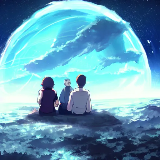 Image similar to two people stuck on an asteroid orbiting a black hole trending on art station makoto shinkai