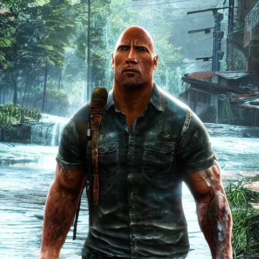 Prompt: videogame screenshot of dwayne johnson in the last of us