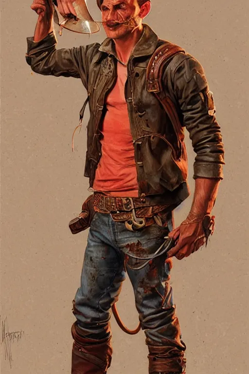 Image similar to character design, portrait of a gaunt 40's adventurer, unshaven, optimistic, stained dirty clothing, straw hat, riding boots, red t-shirt, dusty rown bomber leather jacket, concept art, photorealistic, hyperdetailed, 3d rendering! , art by Leyendecker and frazetta!,