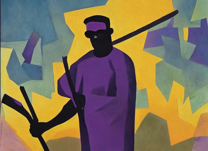 Image similar to old black man holding pick axe in hand, shades of purple, oil painting by aaron douglas,