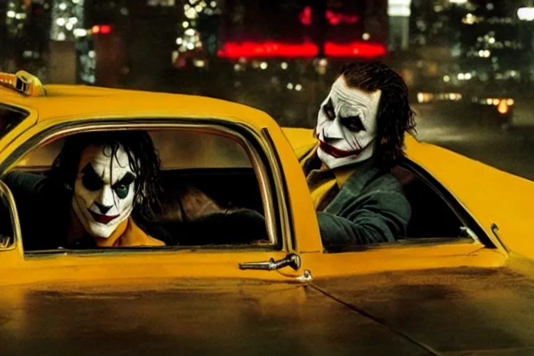Prompt: Joaquin Phoenix as The Joker riding in a yellow cab driven by Travis Bickle 4k