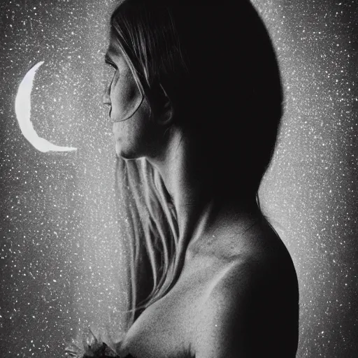 Image similar to woman double exposed with the moon. Bokeh. Light painting.