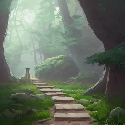 Image similar to concept art by sylvain sarrailh of an stone path leading to an abandonned asian temple, asiatic forest, studio ghibli