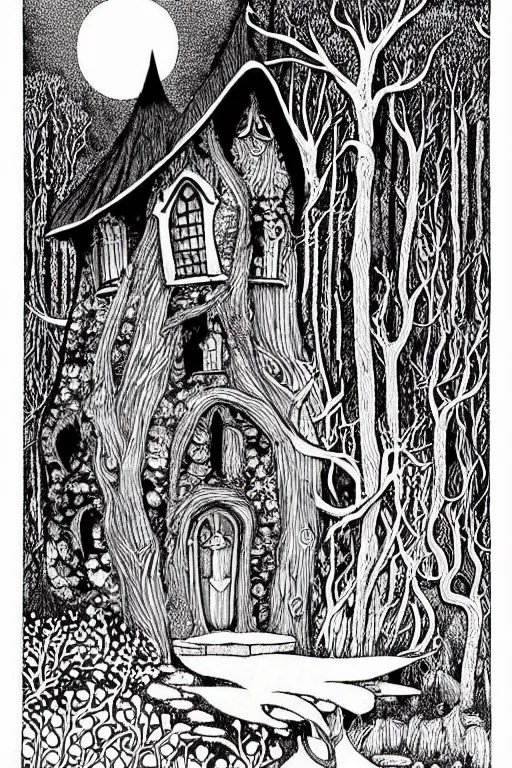 Prompt: fairytale cottage in mysterious woods, dark and gothic, full frame, art by edward gorey and kay nielsen, black and white engraving, vector, vector art