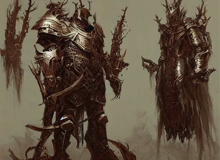 Image similar to cruxible knight concept, clad in tree bark ornamented armor, beksinski, ruan jia, dark soul concept art, infinity blade armor