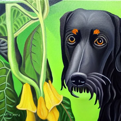 Prompt: oil painting of a black hound bearing its teeth next to brugmansia suaveolens flowers