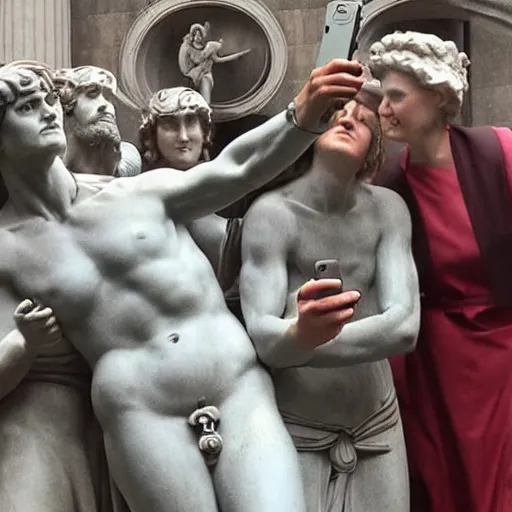 Image similar to statue of david by michelangelo and a group of nuns taking a selfie with a selfie stick