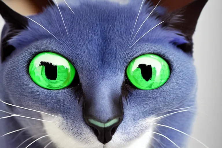 Image similar to a blue - and - black male blue / green heterochromatic catbat fursona with blue / green heterochromatic eyes ( one eye green ) and huge bat ears, photo of the catbat streaming on his computer