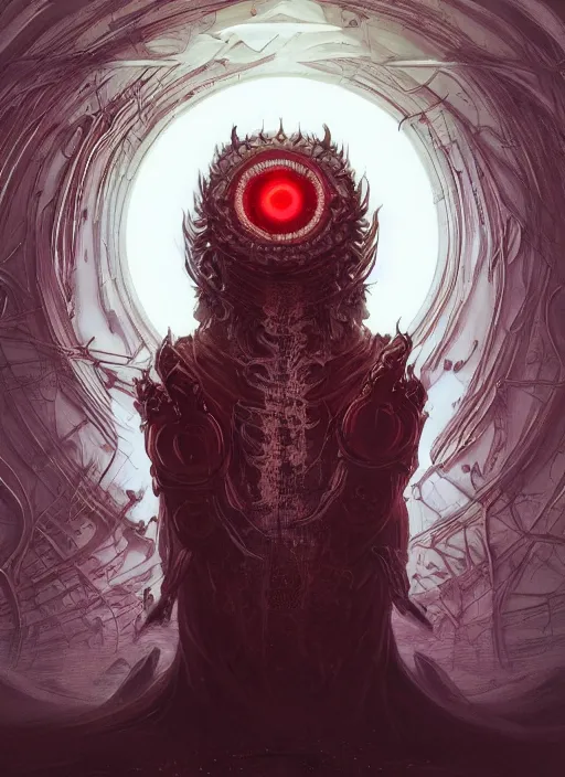 Image similar to cthonic resonance, red and white fractal glowing eyes, fantasy, extremely detailed, digital painting, artstation, concept art, smooth, sharp focus, illustration, stunning lighting, art by artgerm and greg rutkowski and alphonse mucha and simon stalenhag, realistic character concept, high fantasy, dark atmosphere, golden ratio, cinematic lighting, hyperdetailed, high resolution, insanely detailed and intricate, artstation, Marc Simonetti, Greg Rutkowski, 8k