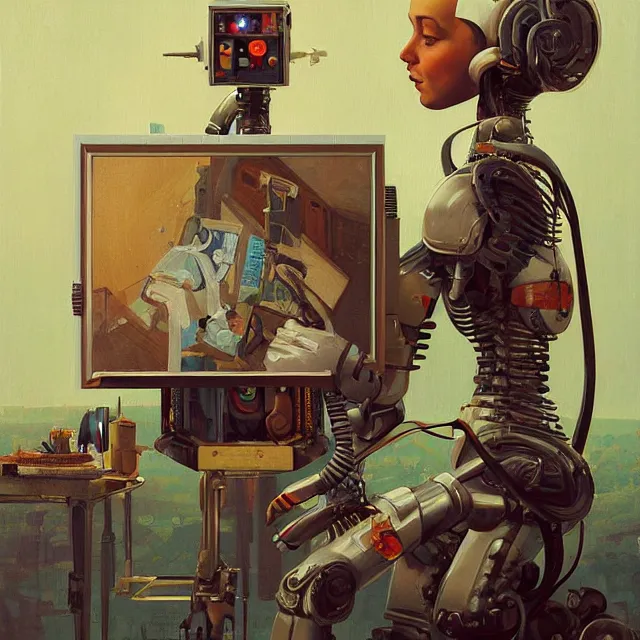 Image similar to robot artist painting a self - portrait on a canvas. intricate, highly detailed, digital matte painting, in the style of alexandros pyromallis, and in the style of sachin teng, and in the style of hans thoma, and in the style of gil elvgren. irony, recursion, inspiration, art deco.