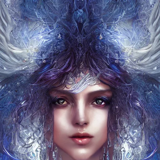 Image similar to masterpiece goddess of sorrow portrait, 3 0 years woman, melancolic face, dynamic hair digital painting by louis royo and wlop, dark tenebrous blue background, cinematic light, aura effect, some chaotic sparkles, unreal engine, artstation, deviantart, pinterest