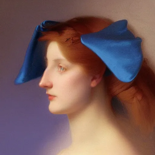 Image similar to a young woman's face, her hair is white and she wears an cobalt blue satin cloak, by ivan aivazovsky and syd mead and moebius and gaston bussiere and roger dean and pieter claesz and paul delaroche and alma tadema and aelbert cuyp and willam claesz, hyperrealistic, volumetric light, octane render