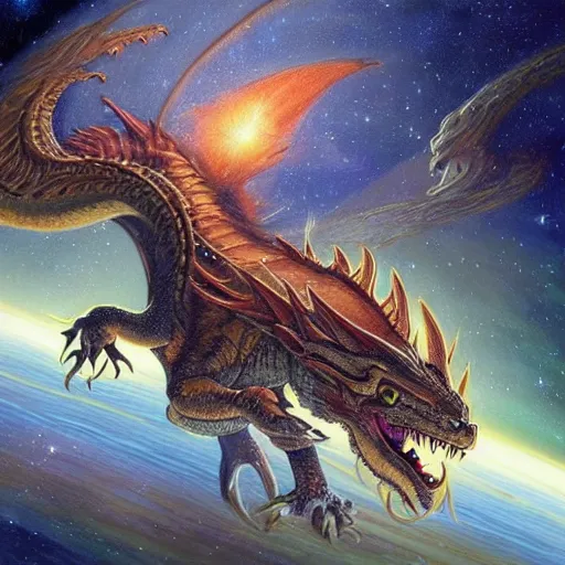 Prompt: A beautiful illustration of a dragon in space by Justin Gerard. The dragon is in the foreground with its mouth open, revealing rows of sharp teeth. Its body is coiled and ready to strike, and its tail is wrapped around a star in the background. The colors are bright and the background is full of stars and galaxies. The overall effect is one of chaotic energy and movement. metaphysical painting by Pete Turner realistic, ornate