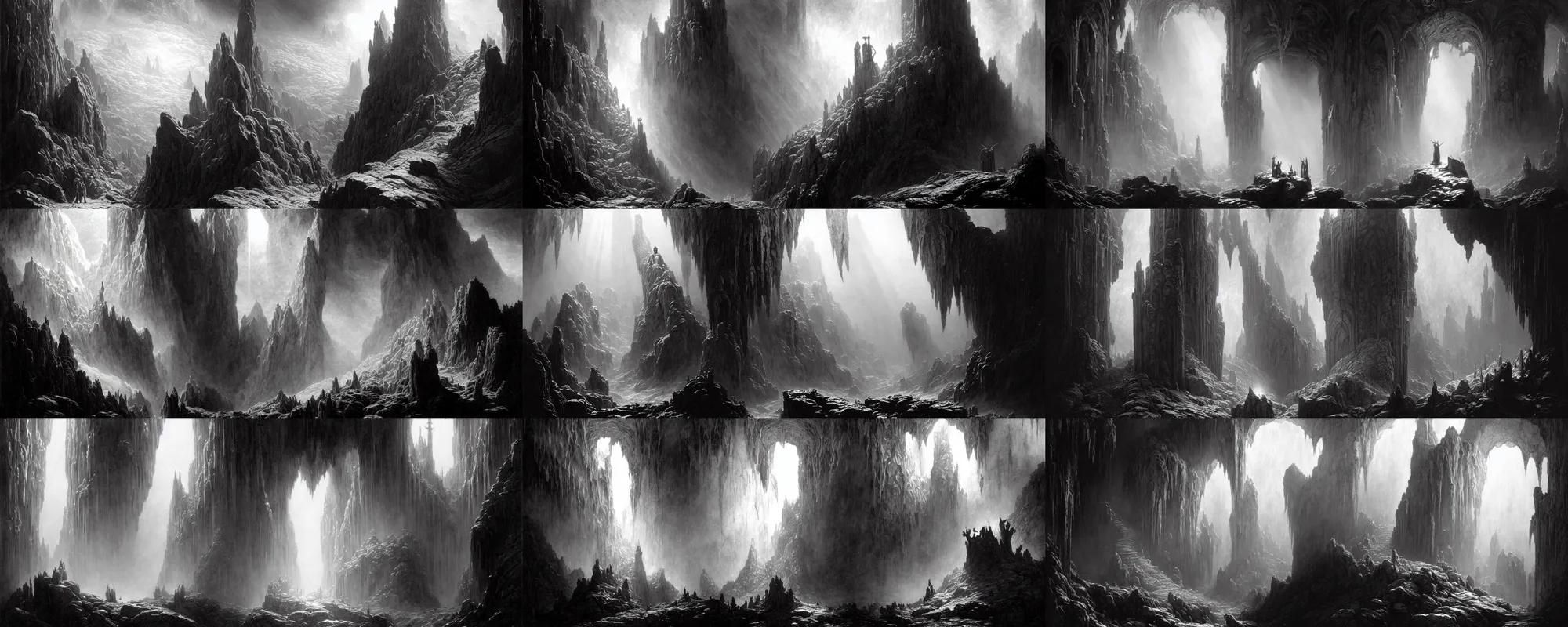 Prompt: a epic concept art by gustave dore and greg rutkowski, trending on artstation. dante's divine comedy, dark fantasy cave palace of bad omens. light effect. a beam of light fell on the stone throne!! white stone steps seeping magma. fier in fog!! 3 d, ultra clear detailed. octane render, unreal engine. 8 k