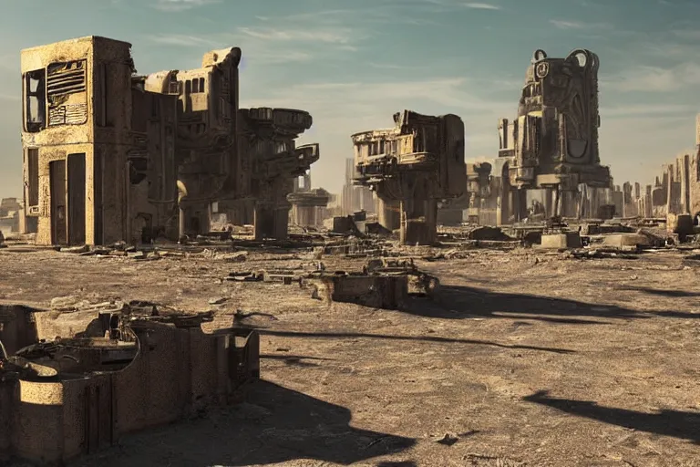 Prompt: intense sun desert landscape futuristic city ruins fallout post apocalyptic