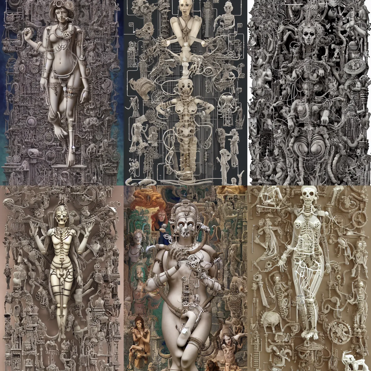 Prompt: epic Khajuraho, godes, Shiva, translucent, SSS, transparent, xray, vaporwave, flat shaped chrome relief, fossil, mechanic bionic fungus flower cyberpunk cats skeleton mechabot, maze, wires, chrome tubes, joints, buttons, gears, dissection relief, by william adolphe bouguereau, by Lorenzo Ghiberti, by Goga Tandashvili, artstation, cgsociety, by jonathan ivy, by david lachapelle