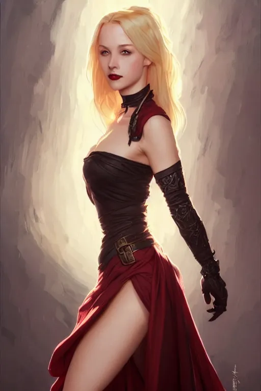 Image similar to Portrait of seductive female rogue, D&D, revealing stylish dress, choker on neck, long blonde or red hair, mouth slightly open, slight nerdy smile, fantasy, intricate, elegant, highly detailed, digital painting, artstation, concept art, smooth, sharp focus, illustration, art by artgerm and greg rutkowski and alphonse mucha
