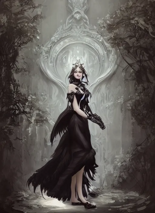 Prompt: wide angle beautiful full body portrait of a strong male anthropomorphic anthro border collie fursona wearing an ornate black dress and standing in a courtyard, character design by charlie bowater, henry asencio, and ross tran, furry art, furaffinity, beautiful, glamor pose, detailed, aesthetic, trending on artstation