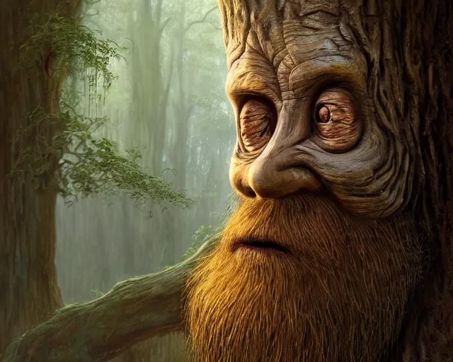 Image similar to a talking tree, a face in the bark, nose made of wood, eyes in the bark, fantasy concept art, big moustache, digital painting, oil painting, hyperrealistic, beautiful, treebeard, ent, magical, highly detailed, soft lighting, golden sunlight, very detailed eyes, artstation, cgsociety, in the forest, by alan lee, by artgerm