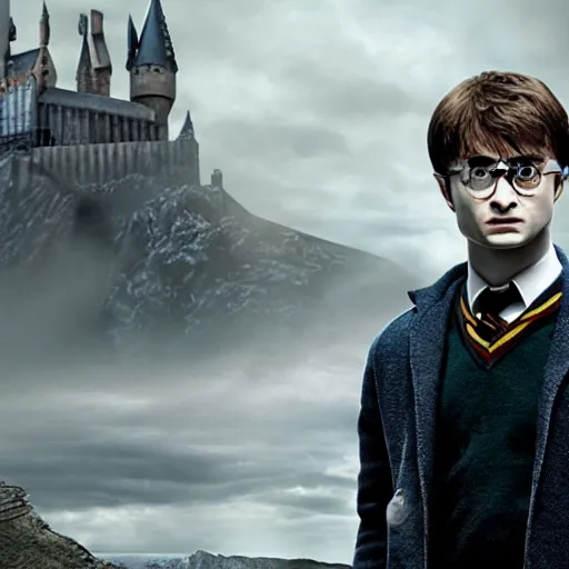 Image similar to Daniel radcliffe as harry potter, epic wide shot, cinematic shading, widescreen, sharp image, warm colors, Blu-Ray, directed by Christopher Nolan and Asher Duran