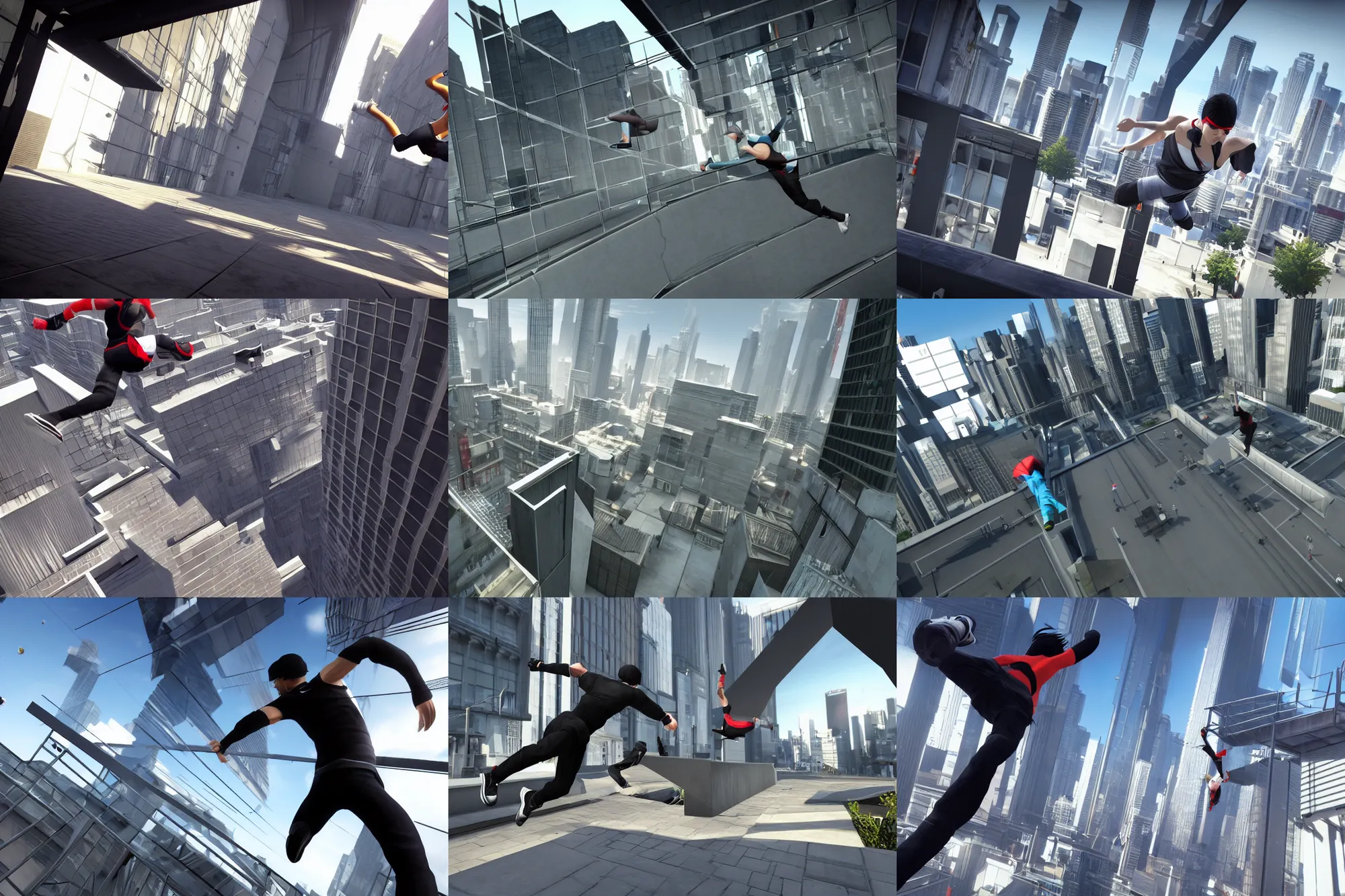 Prompt: freerunning in mirror's edge 3 videogame screenshot, photorealistic graphics, unreal engine