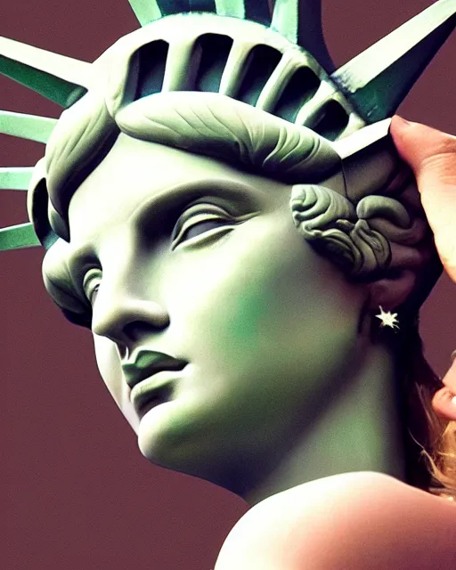 Prompt: photo portrait beautiful real woman as the statue of liberty hyper realistic face, beautiful eyes, hyper detailed, smooth