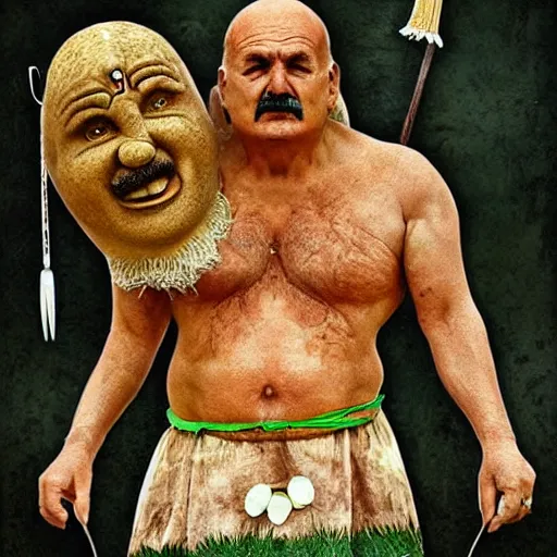 Image similar to mildly epic portrait of lukashenko as the god of potatoes, creator of despair