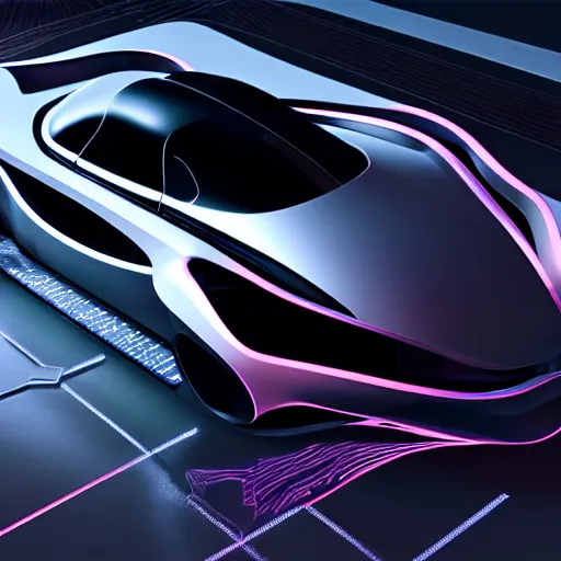 Image similar to car : motherboard forms in the style of zaha hadid architecture sci-fi futuristic setting ultra realistic photography, keyshot render, octane render, unreal engine 5 render , high oiled liquid glossy specularity reflections, ultra detailed, 4k, 8k, 16k in the style ofblade runner 2049 Cyberpunk 2077 ghost in the shell thor 2 marvel film : tilt shift: sharp focus