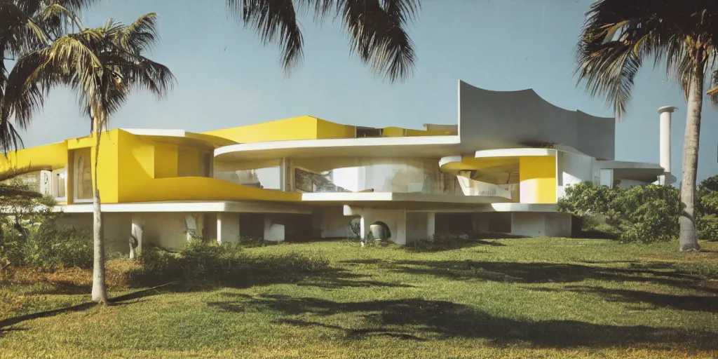 Image similar to architecture ad for a mid-century modern house by the beach designed by Zaha Hadid. From afar. Film grain, cinematic, colorized, yellow hue.