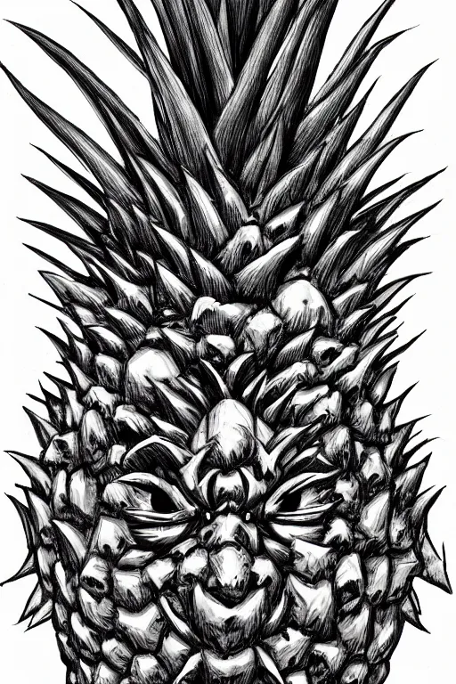 Image similar to pineapple humanoid figure monster, symmetrical, highly detailed, digital art, sharp focus, trending on art station, kentaro miura manga art style