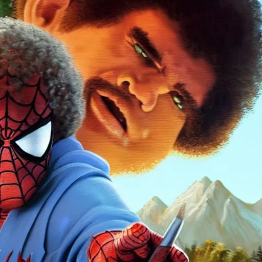 Image similar to a closeup photorealistic photograph of bob ross working on a canvas painting of spiderman. film still. brightly lit scene. mountains and trees. this 4 k hd image is trending on artstation, featured on behance, well - rendered, extra crisp, features intricate detail, epic composition and the style of unreal engine.