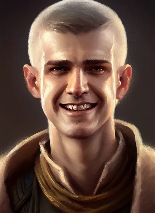 Image similar to a _ fantasy _ style _ portrait _ painting _ of white male short fringe light brown hair short face grinning clean shaven short head, rpg dnd oil _ painting _ unreal _ 5 _ daz. _ rpg _ portrait _ extremely _ detailed _ artgerm _ greg _ rutkowski _ greg