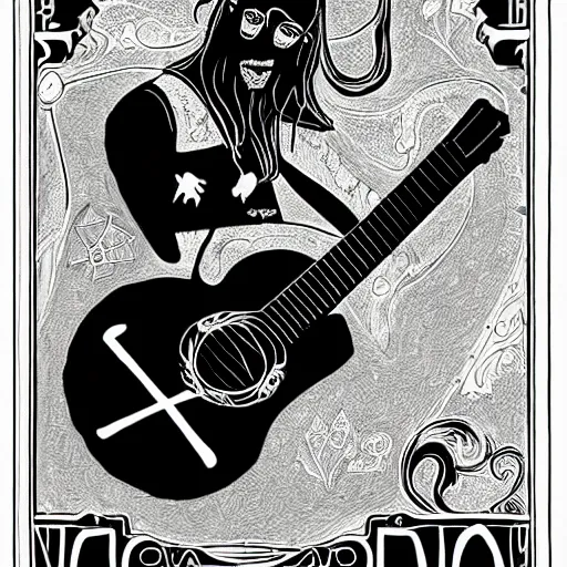 Prompt: black white purple painting on black paper, folkloric illustration , the guitar player , tarot by Andreas Rocha