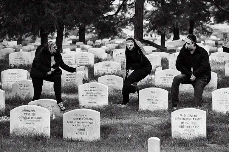 Prompt: “ a professional photograph of people being offended by what they see written on a tombstone ”