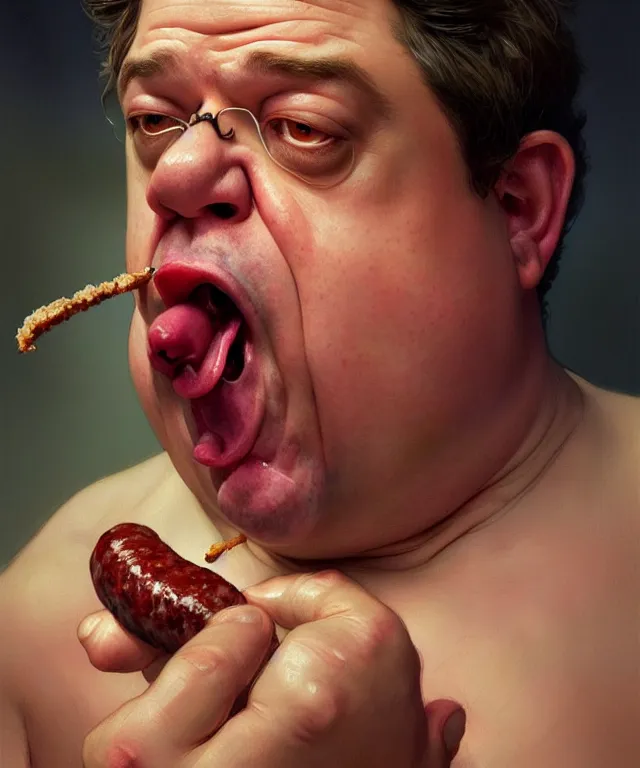 Image similar to portrait of patton oswalt choking on a sausage, intricate, headshot, highly detailed, digital painting, artstation, concept art, sharp focus, cinematic lighting, illustration, art by artgerm and greg rutkowski, alphonse mucha, cgsociety